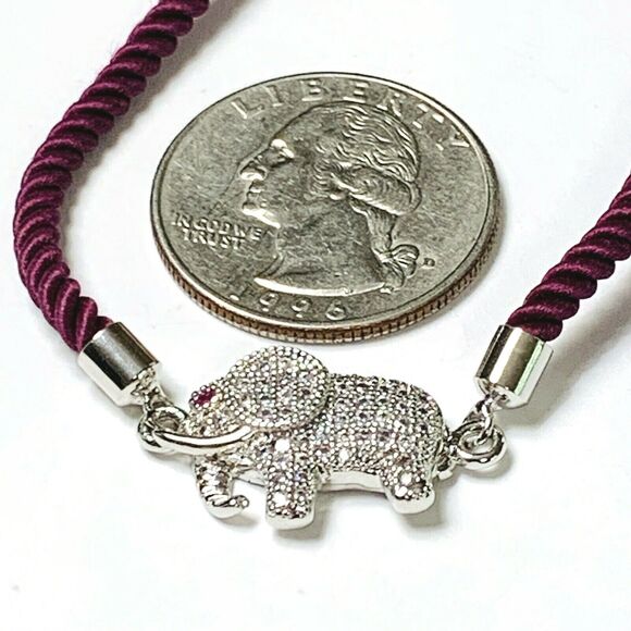 Pavé CZ Elephant Bracelet Red Eye Rhodium Plated Silvertone Adjustable Red Cord - Picture 3 of 16